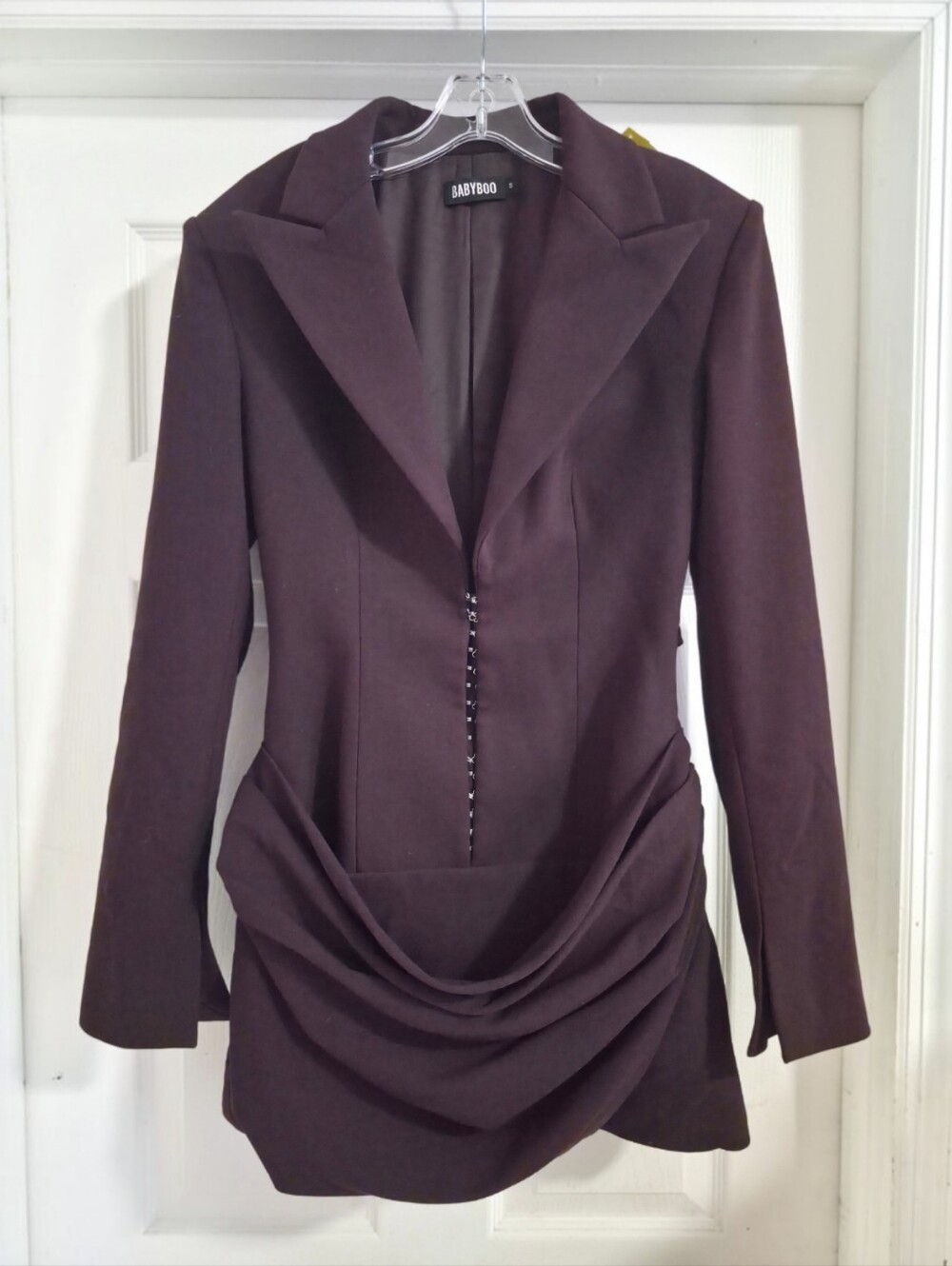 Babyboo Plum Purple Draped Blazer Mini Dress Hook Eye Tailored Long Sleeve Small - Picture 2 of 9
